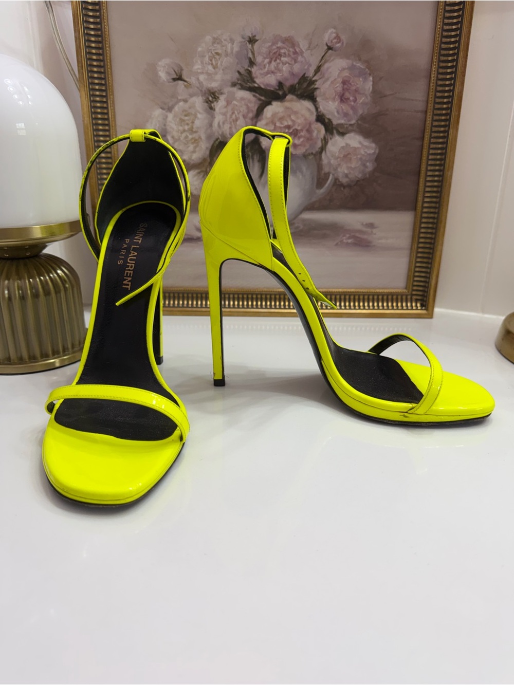Saint Laurent Jane Neon Yellow Stiletto Sandals